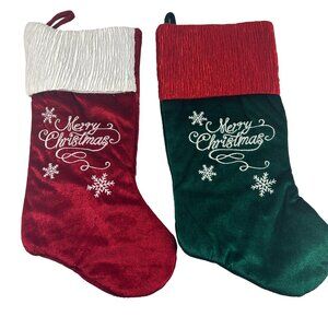 St Nicks Choice Merry Christmas Stockings Lot 2 Red Green Embroidered Snowflakes